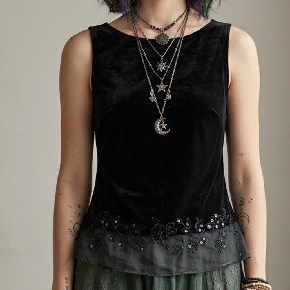 Dressbarn Tank Top 12 Black Velvet Sheer Mesh Floral Sequin Y2K Whimsigoth Fairy